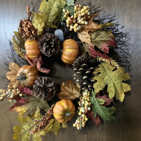 Fall Grapevine Wteath Pumpkins Gourds Pine Cones 18” Diameter - Picture 3 of 4